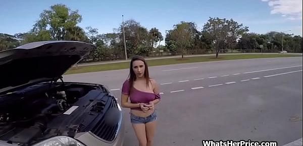  Stranded big tit plays with my cock in traffic